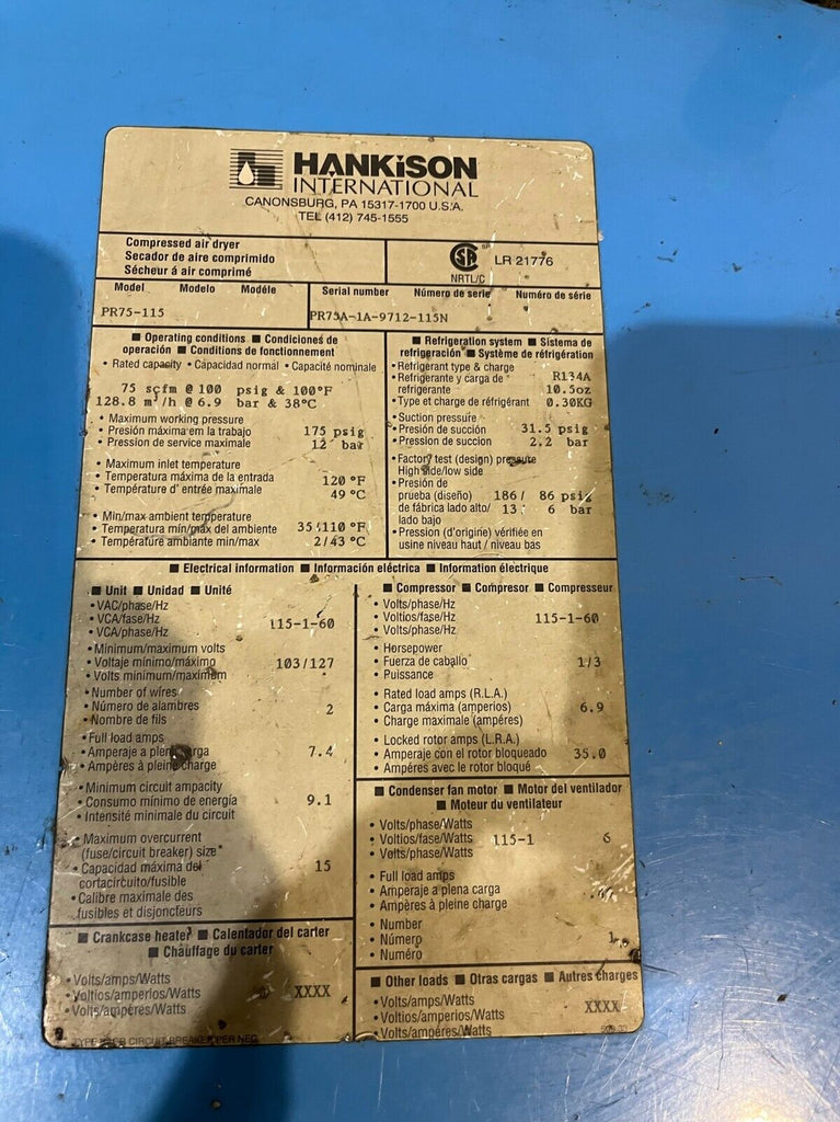 Hankison PR75-115 Compressed Air Dryer