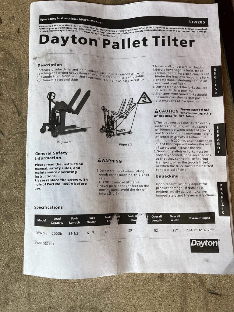 Dayton Pallet Tilter Pallet Truck 33W285