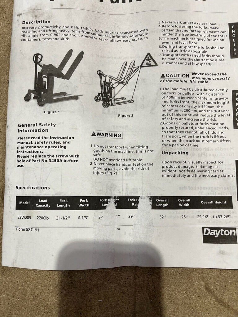 Dayton Pallet Tilter Pallet Truck 33W285