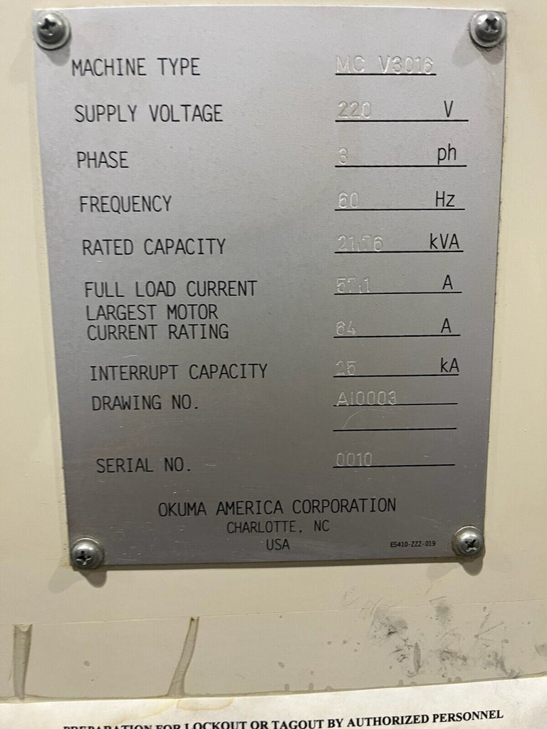 2000 Okuma MC-V3016 Vertical Machining Center / Mill OSP-U10M Control 6738HRS