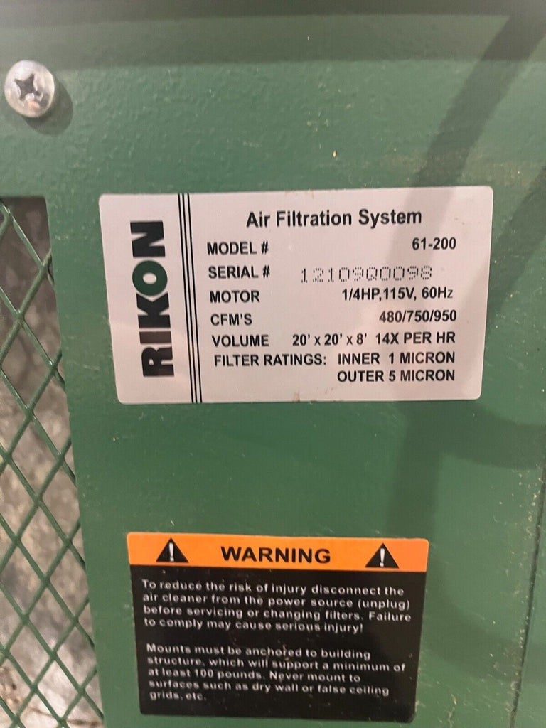 Rikon Air Filtration System 61-200,  450/750/950 CFM's