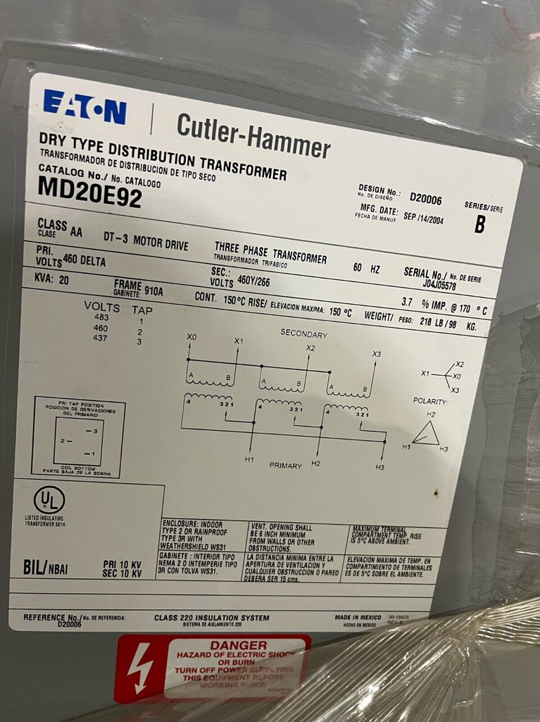Eaton Cutler Hammer MD20E92 Electric Transformer 2D KV  **NEW**