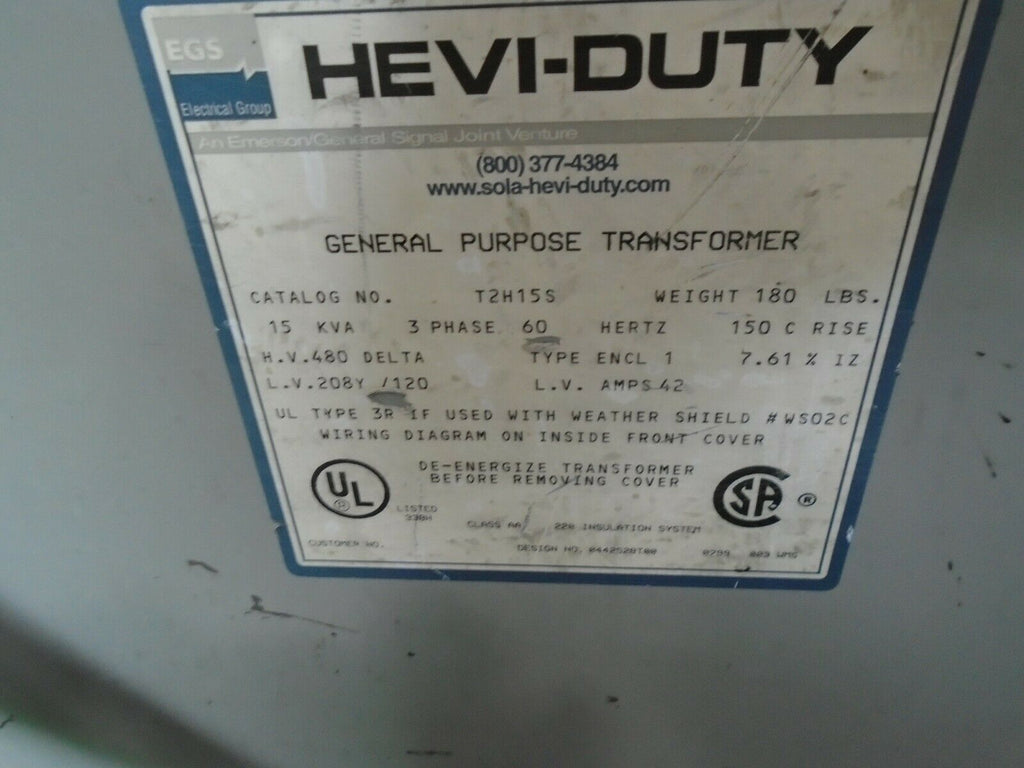 Hevi-Duty 15 KVA Electric Transformer 480/208/120